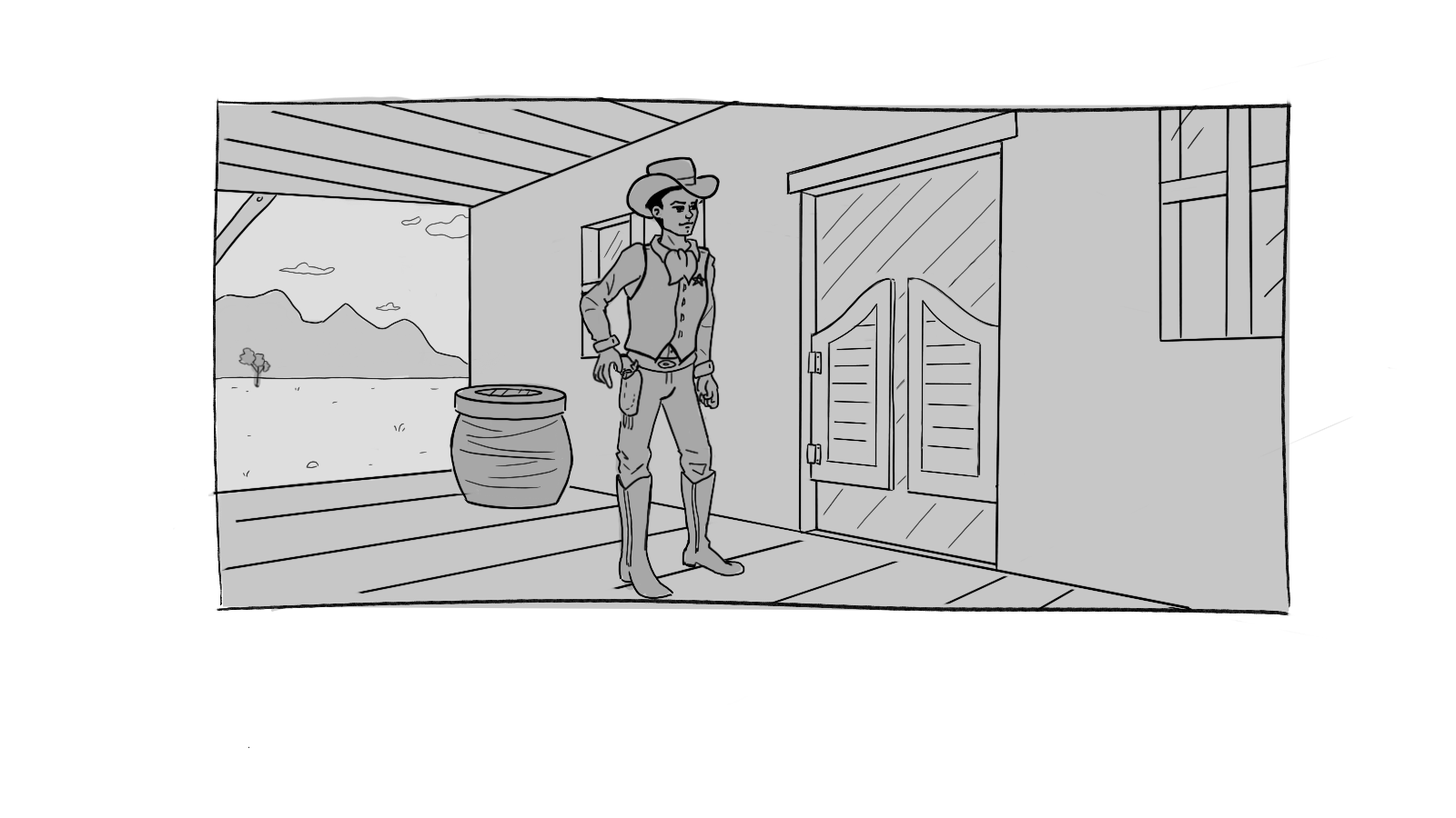 long angle of old west saloon porch deck area with cowboy